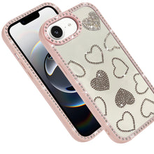 For iPhone 16e Case Rhinestone Hearts with Bling Around Trim + Tempered Glass