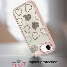 For iPhone 16e Case Rhinestone Hearts with Bling Around Trim + Tempered Glass