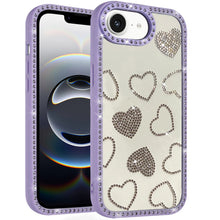 For iPhone 16e Case Rhinestone Hearts with Bling Around Trim + Tempered Glass