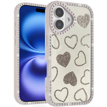 For iPhone 17 Case Rhinestone Hearts with Bling Around Border + Tempered Glass