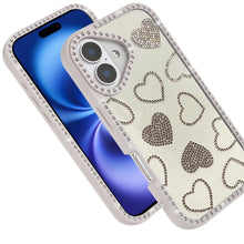 For iPhone 17 Case Rhinestone Hearts with Bling Around Border + Tempered Glass