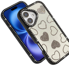 For iPhone 17 Case Rhinestone Hearts with Bling Around Border + Tempered Glass