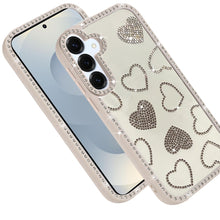 For Samsung S25 FE Case Rhinestone Hearts w/ Bling Around Trim + Tempered Glass