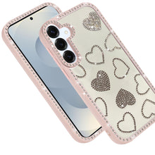 For Samsung S25 FE Case Rhinestone Hearts w/ Bling Around Trim + Tempered Glass