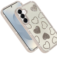 For Samsung S26 6.3" Case Rhinestone Hearts Bling Around Trim + Tempered Glass