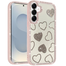 For Samsung S26 6.3" Case Rhinestone Hearts Bling Around Trim + Tempered Glass