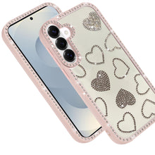 For Samsung S26 6.3" Case Rhinestone Hearts Bling Around Trim + Tempered Glass