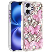 For iPhone 17 Case Bling Faux Diamond Large Butterflies Cover + Tempered Glass