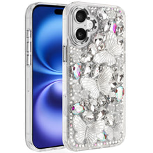 For iPhone 17 Case Bling Faux Diamond Large Butterflies Cover + Tempered Glass