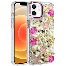 For iPhone 12, 12 Pro Case Floral Arrangement 3D Bling Cover + Tempered Glass