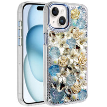 For iPhone 15 Case Full Floral Arrangement 3D Bling Cover + 2 Tempered Glass