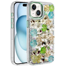 For iPhone 15 Case Full Floral Arrangement 3D Bling Cover + 2 Tempered Glass