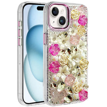 For iPhone 15 Case Full Floral Arrangement 3D Bling Cover + 2 Tempered Glass