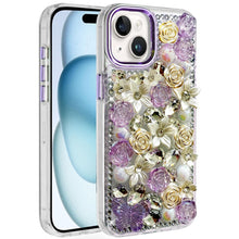 For iPhone 15 Case Full Floral Arrangement 3D Bling Cover + 2 Tempered Glass