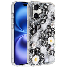 For iPhone 17 Case Full 3D Bling Faux Jewel Floral Phone Cover + Tempered Glass