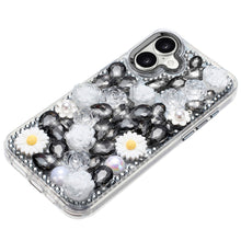 For iPhone 17 Case Full 3D Bling Faux Jewel Floral Phone Cover + Tempered Glass