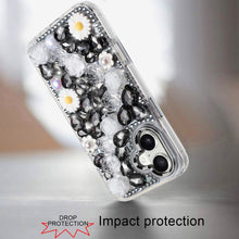 For iPhone 17 Case Full 3D Bling Faux Jewel Floral Phone Cover + Tempered Glass