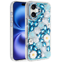 For iPhone 17 Case Full 3D Bling Faux Jewel Floral Phone Cover + Tempered Glass