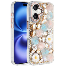 For iPhone 17 Case Full 3D Bling Faux Jewel Floral Phone Cover + Tempered Glass