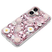For iPhone 17 Case Full 3D Bling Faux Jewel Floral Phone Cover + Tempered Glass