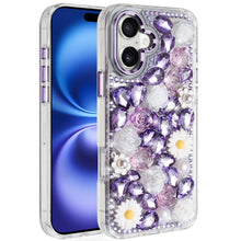 For iPhone 17 Case Full 3D Bling Faux Jewel Floral Phone Cover + Tempered Glass