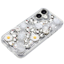 For iPhone 17 Case Full 3D Bling Faux Jewel Floral Phone Cover + Tempered Glass