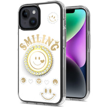 For iPhone 13/14 Case Diamond Studs Smiling Face Bling Ring + Tempered Glass