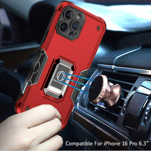 For iPhone 16 Pro 6.3in Case Grip Design Magnetic Ring Stand + Tempered Glass