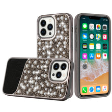 For iPhone 14 PRO Case Bling Faux Rhinestone and Pearl Hybrid Fashion Cover