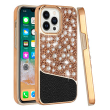 For iPhone 14 PRO Case Bling Faux Rhinestone and Pearl Hybrid Fashion Cover