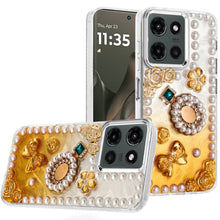For Motorola Edge 2025 Case Floral and Faux Pearl Trim with 3D Bling Charms