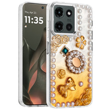 For Motorola Edge 2025 Case Floral and Faux Pearl Trim with 3D Bling Charms