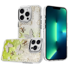 For iPhone 13 Pro Max Case Floral and Faux Pearl Trim with 3D Charms Bling Cover