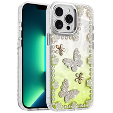 For iPhone 13 Pro Max Case Floral and Faux Pearl Trim with 3D Charms Bling Cover