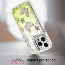 For iPhone 13 Pro Max Case Floral and Faux Pearl Trim with 3D Charms Bling Cover