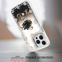 For iPhone 13 Pro Max Case Floral and Faux Pearl Trim with 3D Charms Bling Cover