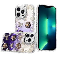 For iPhone 13 Pro Max Case Floral and Faux Pearl Trim with 3D Charms Bling Cover