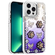 For iPhone 13 Pro Max Case Floral and Faux Pearl Trim with 3D Charms Bling Cover