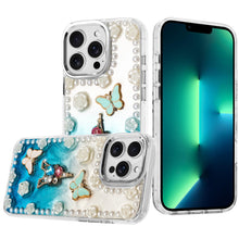 For iPhone 13 Pro Max Case Floral and Faux Pearl Trim with 3D Charms Bling Cover