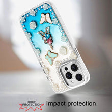 For iPhone 13 Pro Max Case Floral and Faux Pearl Trim with 3D Charms Bling Cover