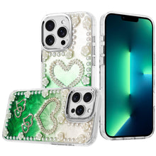 For iPhone 13 Pro Max Case Floral and Faux Pearl Trim with 3D Charms Bling Cover