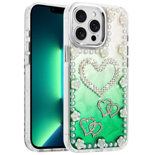 For iPhone 13 Pro Max Case Floral and Faux Pearl Trim with 3D Charms Bling Cover