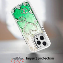 For iPhone 13 Pro Max Case Floral and Faux Pearl Trim with 3D Charms Bling Cover