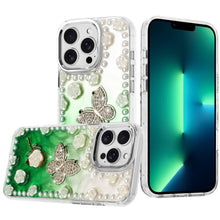 For iPhone 13 Pro Max Case Floral and Faux Pearl Trim with 3D Charms Bling Cover