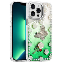 For iPhone 13 Pro Max Case Floral and Faux Pearl Trim with 3D Charms Bling Cover