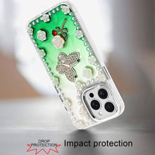 For iPhone 13 Pro Max Case Floral and Faux Pearl Trim with 3D Charms Bling Cover