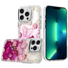 For iPhone 13 Pro Max Case Floral and Faux Pearl Trim with 3D Charms Bling Cover