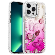 For iPhone 13 Pro Max Case Floral and Faux Pearl Trim with 3D Charms Bling Cover