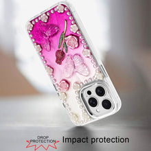 For iPhone 13 Pro Max Case Floral and Faux Pearl Trim with 3D Charms Bling Cover