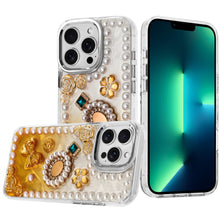 For iPhone 13 Pro Max Case Floral and Faux Pearl Trim with 3D Charms Bling Cover